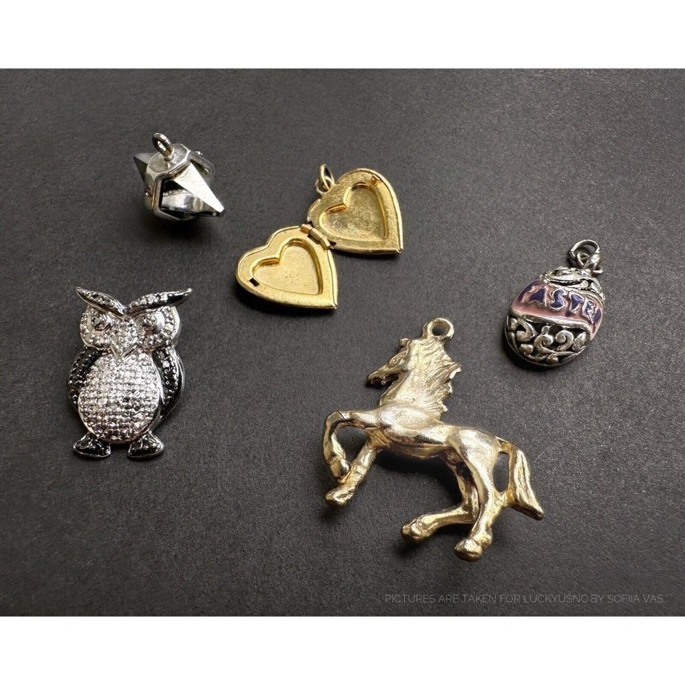 Pendants Goldtone horse, Owl, Easter charm, Glass Crystal, Locket Heart - 5 pcs